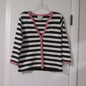 Talbots Classic Nautical Navy & White Striped V-Neck Cardigan Sweater Red Trim